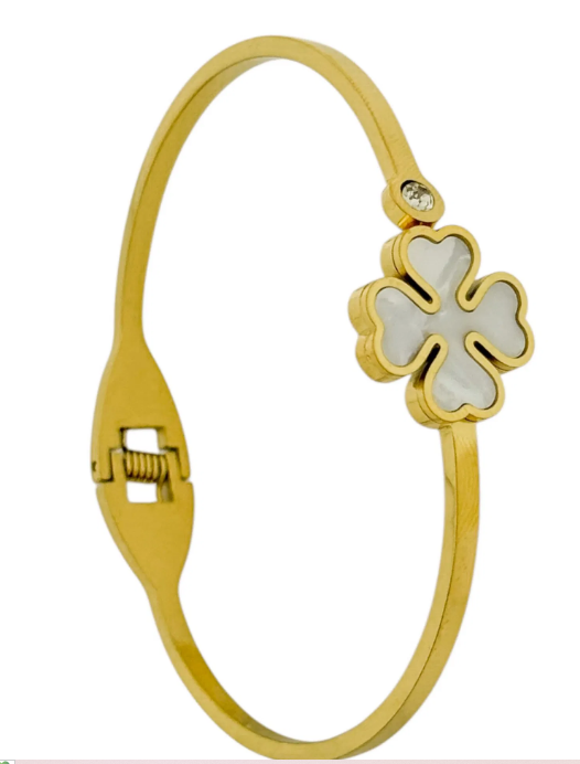 Bracelete Aço Inoxidável Folheado a Ouro 18k Trevo Resinado - Branco