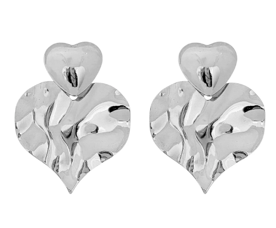 Brinco Folheado a Ouro 18k e Prata Design Coração Martelado - PRATA
