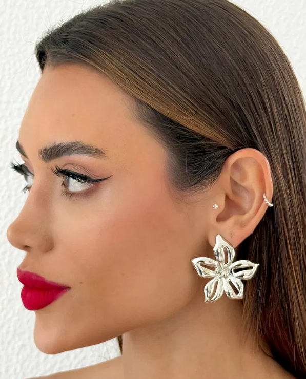 Brinco Folheado a Ouro 18k e Prata Flor Vazada - Prata