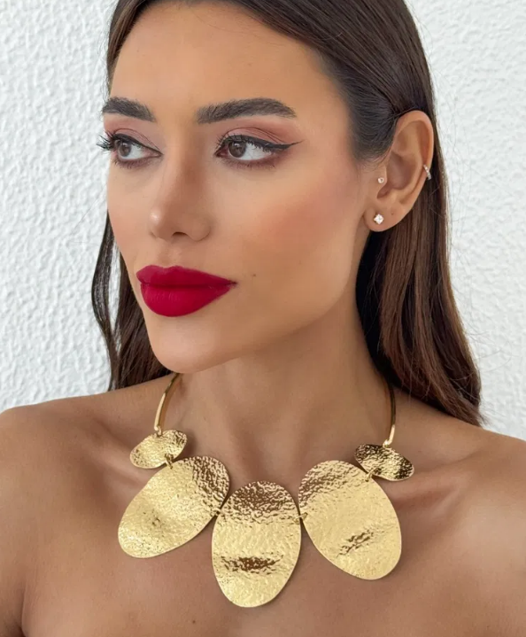 Choker Folheado a Ouro 18k e Prata Placas Marteladas - OURO