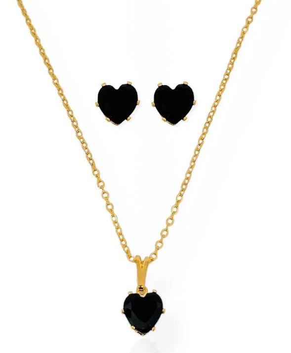 Conjunto Colar e Brinco Folheado a Ouro 18k e Prata 925 Ponto de Luz Coração - Ouro/Preto
