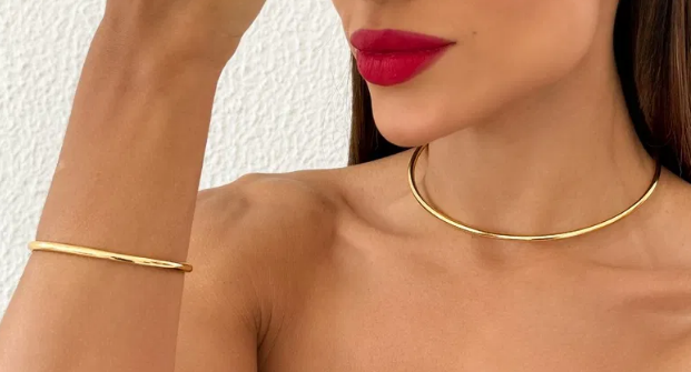 Conjunto Choker Aro e Bracelete Folheado a Ouro 18k Aro Redondo