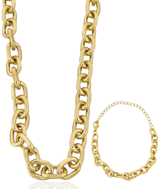 Conjunto Colar e Pulseira Folheado a Ouro 18K Elos Ovais Martelados