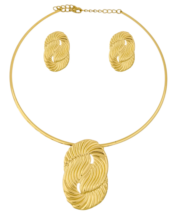Conjunto Choker Aro e Brinco Folheado a Ouro 18k e Prata Design Desenhado - Ouro
