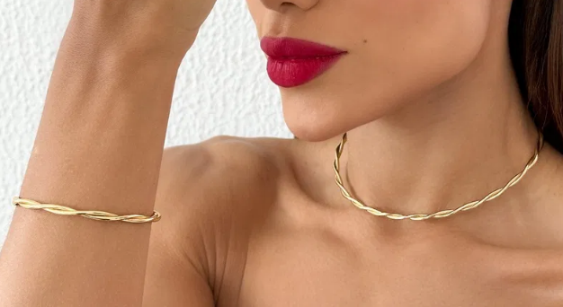 Conjunto Choker Aro e Bracelete Folheado a Ouro 18k Fios Enrolados
